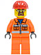 Minifig No: cty0483  Name: Construction Worker - Orange Zipper, Safety Stripes, Orange Arms, Orange Legs, Red Construction Helmet, Beard and Safety Goggles