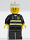 Minifig No: cty0489  Name: Fire - Reflective Stripes, Black Legs, White Fire Helmet, Black Eyebrows, Thin Grin