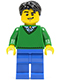 Minifig No: cty0503  Name: Green V-Neck Sweater, Blue Legs, Black Short Tousled Hair, Lopsided Grin
