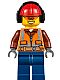 Minifig No: cty0527  Name: Construction Worker - Orange Zipper, Safety Stripes, Belt, Brown Shirt, Dark Blue Legs, Red Construction Helmet, Headphones, Orange Sunglasses