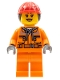 Minifig No: cty0528  Name: Construction Worker - Chest Pocket Zippers, Belt over Dark Gray Hoodie, Red Construction Helmet with Long Hair, Black Eyebrows
