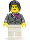 Minifig No: cty0575  Name: Dark Bluish Gray Jacket with Magenta Scarf, White Legs, Black Hair Ponytail Long with Side Bangs (City Square Car Saleswoman)