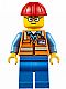 Minifig No: cty0630  Name: Orange Safety Vest with Reflective Stripes, Blue Legs, Red Construction Helmet, Glasses (TV Tower Technician)