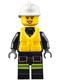 Minifig No: cty0650  Name: Fire - Reflective Stripes with Utility Belt and Flashlight, Life Jacket, White Fire Helmet, Peach Lips Open Mouth Smile