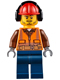 Minifig No: cty0653  Name: Fire - Male, Orange Safety Vest, Reflective Stripes, Reddish Brown Shirt, Dark Blue Legs, Red Construction Helmet with Black Ear Protectors / Headphones, Stubble