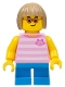 Minifig No: cty0663  Name: Child - Girl, Bright Pink Striped Shirt with Cat Head, Dark Azure Short Legs, Dark Tan Bob Cut Hair, Glasses, Freckles