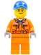 Minifig No: cty0674  Name: Tow Truck Driver - Male, Orange Safety Jacket, Reflective Stripe, Sand Blue Hoodie, Orange Legs, Blue Cap with Hole, Stubble