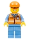Minifig No: cty0677  Name: Orange Safety Vest with Reflective Stripes, Medium Blue Legs, Orange Short Bill Cap, Orange Sunglasses