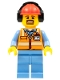 Minifig No: cty0688  Name: Orange Safety Vest with Reflective Stripes, Medium Blue Legs, Red Construction Helmet with Black Ear Protectors / Headphones
