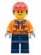 Minifig No: cty0700  Name: Construction Worker - Female, Orange Safety Jacket, Reflective Stripe, Sand Blue Hoodie, Dark Blue Legs, Red Construction Helmet with Dark Brown Ponytail Hair, Peach Lips