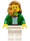 Minifig No: cty0706  Name: Airplane Passenger - Female, Green Jacket Open with Necklace, White Legs, Medium Nougat Hair over Shoulder, Open Mouth Smile with Teeth