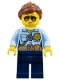 Minifig No: cty0744  Name: Police - City Officer Female, Bright Light Blue Shirt with Badge and Radio, Dark Blue Legs, Reddish Brown Ponytail and Swept Sideways Fringe