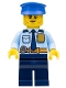 Minifig No: cty0752  Name: Police - City Shirt with Dark Blue Tie and Gold Badge, Dark Tan Belt with Radio, Blue Legs, Blue Police Hat, Black Stubble and Raised Right Eyebrow