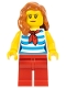 Minifig No: cty0768  Name: Beachgoer - Female, Dark Azure and White Striped Shirt with Red Scarf, Red Legs, Dark Orange Hair