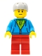 Minifig No: cty0785  Name: City Bus Passenger - Dark Azure Hoodie with Green Striped Shirt, Red Legs, Light Bluish Gray Sports Helmet
