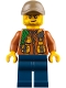 Minifig No: cty0795  Name: City Jungle Explorer - Dark Orange Jacket with Pouches, Dark Blue Legs, Dark Tan Cap with Hole, Crooked Smile and Scar