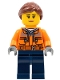Minifig No: cty0798  Name: Cargo Center Worker - Female, Orange Safety Jacket, Reflective Stripe, Sand Blue Hoodie, Dark Blue Legs, Reddish Brown Hair, Peach Lips