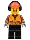 Minifig No: cty0799  Name: Cargo Center Worker - Male, Orange Safety Vest, Reflective Stripes, Reddish Brown Shirt, Black Legs, Red Construction Helmet with Black Headphones, Goatee