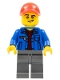 Minifig No: cty0800  Name: Truck Driver - Blue Jacket over Dark Red V-Neck Sweater, Dark Bluish Gray Legs, Red Cap with Hole, Lopsided Grin