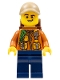 Minifig No: cty0805  Name: City Jungle Explorer - Dark Orange Jacket with Pouches, Dark Blue Legs, Dark Tan Cap with Hole, Backpack, Lopsided Grin