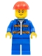 Minifig No: cty0889  Name: Blue Jacket with Diagonal Lower Pockets and Orange Stripes, Blue Legs, Red Construction Helmet