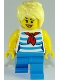 Minifig No: cty0938  Name: Ice Cream Vendor - Female, Dark Azure and White Striped Shirt with Red Scarf, Dark Azure Legs, Bright Light Yellow Short Tousled Hair with Side Part