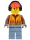 Minifig No: cty0955  Name: Construction Worker - Male, Orange Safety Vest, Reflective Stripes, Reddish Brown Shirt, Sand Blue Legs, Red Construction Helmet with Black Headphones, Stubble