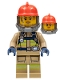 Minifig No: cty0967  Name: Fire - Reflective Stripes, Dark Tan Suit, Red Fire Helmet, Open Mouth with Peach Lips and Dirty Face, Breathing Neck Gear with Blue Airtanks