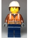 Minifig No: cty0969  Name: Construction Worker - Female, Orange Safety Vest, Reflective Stripes, Reddish Brown Shirt, Dark Blue Legs, White Construction Helmet with Dark Brown Hair, Peach Lips
