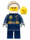 Minifig No: cty0976  Name: Police - City Helicopter Pilot Female, Gold Badge and Utility Belt, Dark Blue Legs, White Helmet, Peach Lips Crooked Smile with Freckles