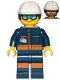 Minifig No: cty1038  Name: Rocket Engineer - Female, Dark Blue Jumpsuit, White  Construction Helmet with Dark Brown Ponytail Hair, Light Blue Goggles and Face Covered with Dirt