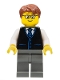 Minifig No: cty1057  Name: Launch Director - Male, Black Vest with Blue Striped Tie, Dark Bluish Gray Legs, Reddish Brown Short Tousled Hair, Glasses