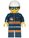 Minifig No: cty1060  Name: Ground Crew Technician - Female, Dark Blue Jumpsuit, White Construction Helmet with Dark Brown Ponytail Hair, Light Blue Goggles