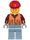 Minifig No: cty1093  Name: Lumberjack - Male, Orange Safety Vest, Reflective Stripes, Reddish Brown Shirt, Sand Blue Legs, Red Construction Helmet, Orange Safety Glasses