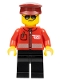 Minifig No: cty1106  Name: Post Office - Airmail Letter Logo and Red Jacket with Zipper, Dark Red Hat, Black Legs, Sunglasses