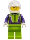 Minifig No: cty1107  Name: Monster Truck Driver, Lime Legs and Jacket with Purple Flames and Arms, White Helmet