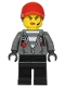 Minifig No: cty1142  Name: Police - Jail Prisoner Jacket over Prison Stripes, Female, Black Legs, Red Cap with Ponytail