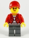 Minifig No: cty1147  Name: Police - City Bandit Crook, Red Jacket, Red Ball Cap with Reddish Brown Ponytail, Dark Bluish Gray Legs