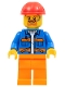 Minifig No: cty1161  Name: Blue Jacket with Diagonal Lower Pockets and Orange Stripes, Orange Legs, Red Construction Helmet