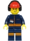 Minifig No: cty1183  Name: Airport Flagger - Male, Dark Blue Jumpsuit with Orange Stripes, Red Construction Helmet with Black Ear Protectors / Headphones