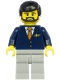 Minifig No: cty1190  Name: Steward - Male, Black Hair, Dark Blue Suit with Striped Tie, Light Bluish Gray Legs