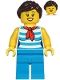 Minifig No: cty1213  Name: Diner Employee - Female, White and Dark Azure Striped Shirt, Dark Azure Legs, Dark Brown Hair