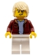 Minifig No: cty1236  Name: Car Driver - Male, Dark Red Jacket with Light Bluish Gray Shirt, White Legs, Tan Tousled Hair