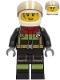 Minifig No: cty1240  Name: Fire - Female, Black Jacket and Legs with Reflective Stripes and Red Collar, White Helmet, Trans-Black Visor, Dark Bluish Gray Splotches