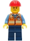 Minifig No: cty1281  Name: Construction Worker - Male, Orange Safety Vest with Reflective Stripes, Dark Blue Legs, Red Construction Helmet, Sweat Drops