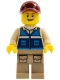 Minifig No: cty1292  Name: Wildlife Rescue Worker - Male, Dark Red Cap, Blue Vest with 'RESCUE' Pattern on Back, Dark Tan Legs with Pockets