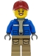 Minifig No: cty1305  Name: Wildlife Rescue Explorer - Female, Blue Jacket, Dark Tan Legs with Pockets, Dark Red Cap, Bright Light Yellow Hair