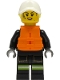 Minifig No: cty1309  Name: Fire - Female, Black Jacket and Legs with Reflective Stripes and Red Collar, White Cap with Bright Light Yellow Ponytail Hair, Orange Life Jacket, Dark Bluish Gray Splotches