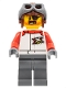 Minifig No: cty1324  Name: Stuntz Driver - Male, White Racing Jacket with Red Arms, Dark Bluish Gray Legs, Reddish Brown Aviator Cap, Eye Patch