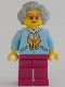 Minifig No: cty1342  Name: Woman, Bright Light Blue Jacket, Magenta Legs, Light Bluish Gray Hair, Magenta Glasses